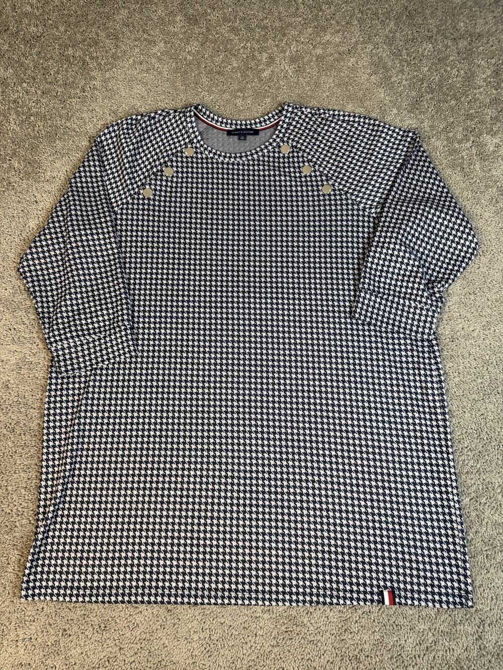 Tommy Hilfiger Tunic Womens 3X Blue Check Long Sleeve Crew Neck Polyester